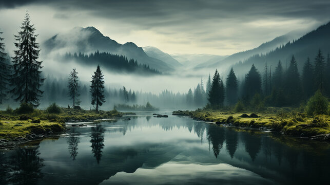 breathtaking landscape with misty lake in mountains background 16:9 widescreen backdrop wallpapers