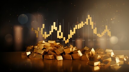 double exposure, gold nuggets, in the background rising stock market chart graph, copy space, 16:9