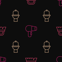 Set line Brush for cleaning, Toilet bowl and Hair dryer on seamless pattern. Vector