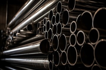 Closeup of metal pipes in an industrial interior with a chrome background, showcasing construction supplies and steel. Generative AI
