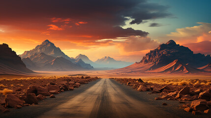 Fototapeta na wymiar breathtaking landscape road in a desert valley background 16:9 widescreen backdrop wallpapers
