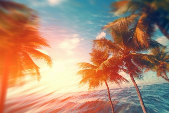 Blurry palm tree seascape background with sunny atmosphere. Generative AI