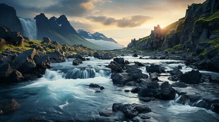 breathtaking landscape with waterfall in the mountains background 16:9 widescreen backdrop wallpapers