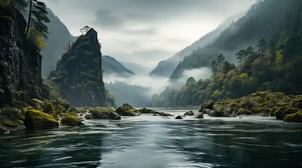 Fototapeten breathtaking landscape with river in the forest and trees background 16:9 widescreen backdrop wallpapers © elementalicious