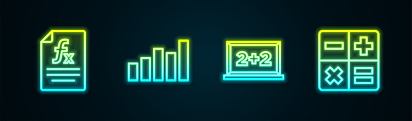 Set line Function mathematical symbol, Graph, schedule, chart, diagram, Chalkboard and Calculator. Glowing neon icon. Vector