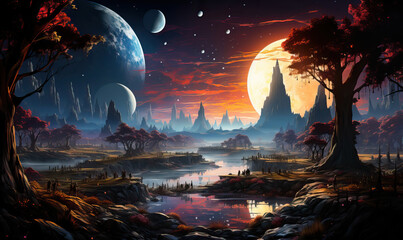 Fantastic night landscape of an unknown planet. - obrazy, fototapety, plakaty