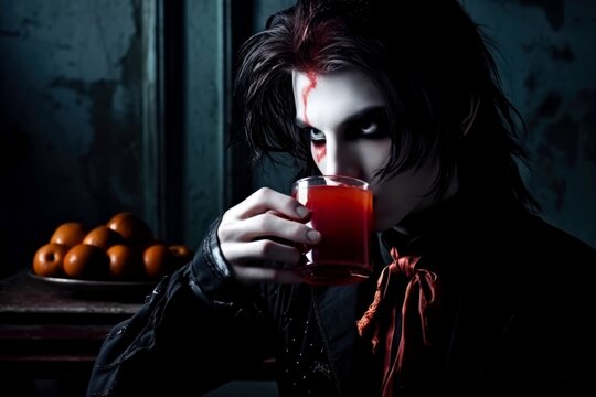 A vampire drinking a red liquid from a glass. Created with Generative AI. Not a real person.