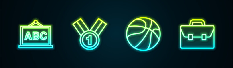 Set line Chalkboard, Medal, Basketball ball and Briefcase. Glowing neon icon. Vector