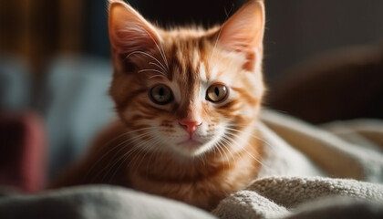 Fluffy ginger kitten staring with curiosity, playing and relaxing comfortably generated by AI