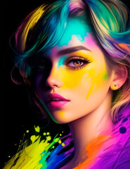 Beautiful face of pretty woman in a colorful pop art style with paint stains on a black background