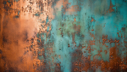 Rusty old metal plate with stained orange backdrop and scratches generated by AI