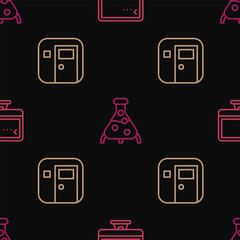Set line Computer monitor, School classroom and Test tube and flask on seamless pattern. Vector