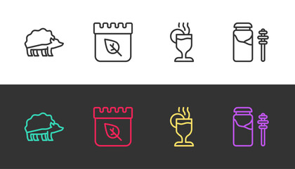 Set line Hedgehog, Calendar with autumn leaves, Mulled wine and Jar of honey and dipper stick on black and white. Vector