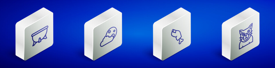 Set Isometric line Halloween witch cauldron, Moon and stars, Zombie finger and Cat icon. Vector