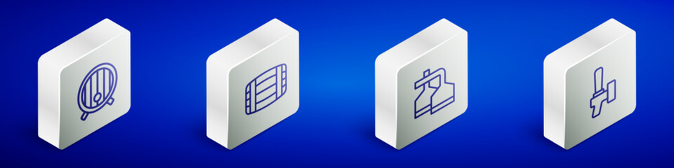 Set Isometric line Wooden barrel, , Beer brewing process and tap icon. Vector