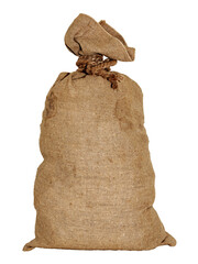 Burlap bag on a white background. The bag is tied with a jute rope into a knot