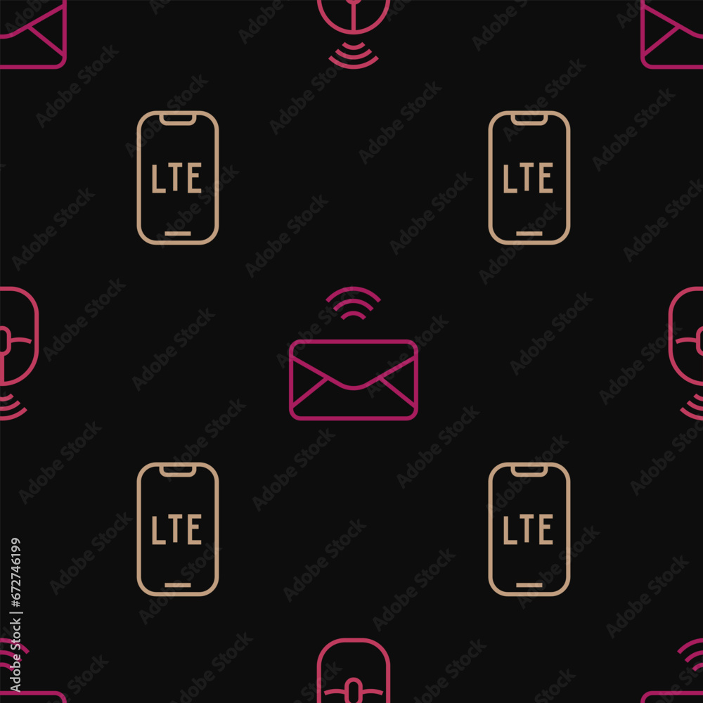Poster set line wireless computer mouse, lte network and mail and e-mail on seamless pattern. vector