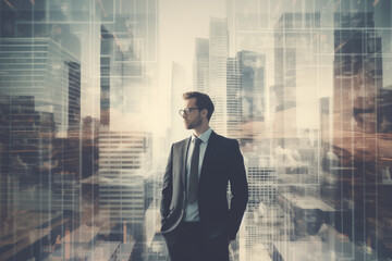 Fototapeta premium double exposure of business man and city, AI generate