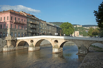 Sarajevo  Bosnia-Herzegovina - Sep 26 2023: The Latin Bridge is an Ottoman-era bridge over the...