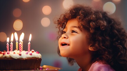 Kleines Mädchen mit dunklen Locken pustet die Kerzen auf der Geburtstagstorte aus
