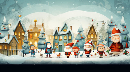  Christmas cartoon illustration with festive characters.