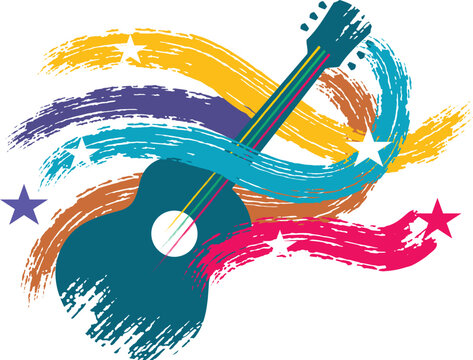 folk blues acoustic guitar in multicolour with grunge sound waves and stars festival merchandise promotion logo