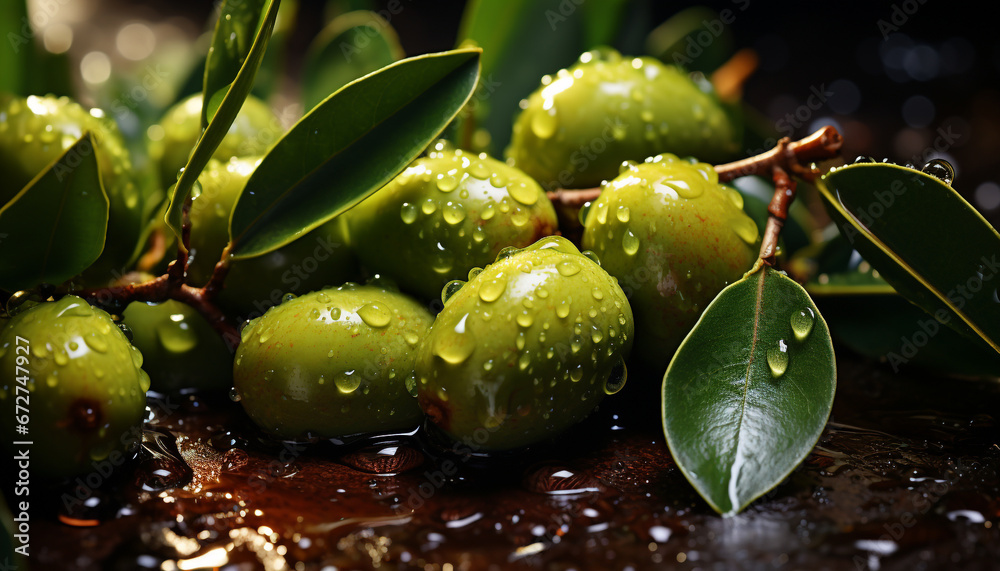 Wall mural fresh olive on wet leaf, nature healthy gourmet snack generated by ai