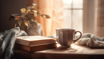 Rustic literature decorates comfortable bedroom with hot coffee on window sill generated by AI