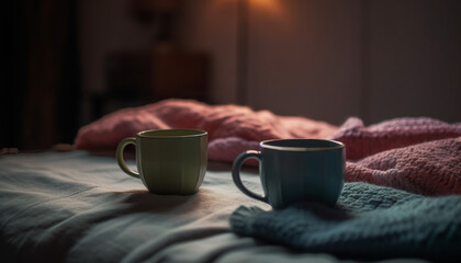 Cozy bedroom with hot coffee, wool blanket, and relaxing book generated by AI