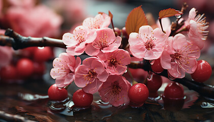 Fresh pink cherry blossoms decorate the green branch in spring generated by AI