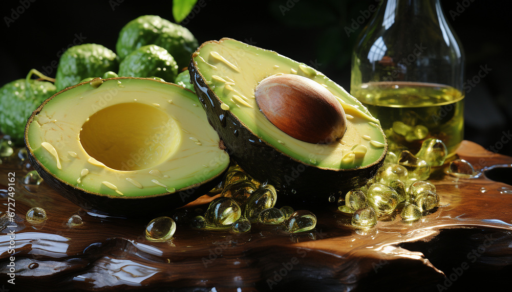 Poster Fresh avocado slice, nature healthy snack, beauty in organic food generated by AI