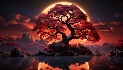 Surreal sunset silhouette reflects on water, nature abstract masterpiece generated by AI