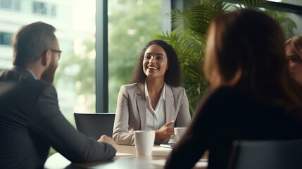 Busy happy diverse international executive team people communicating in office having discussion in boardroom. generative AI