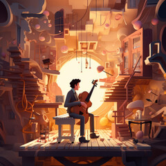 The musician played the beautiful concert , slice perspective, cartoon style.generate ai