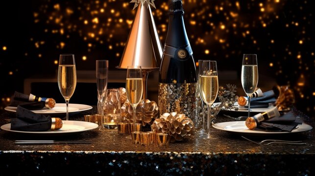 A table set for a New Year's Eve celebration, complete with champagne flutes and party hats.