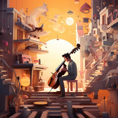 The musician played the beautiful concert , slice perspective, cartoon style.generate ai