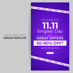 Vector illustration of Singles' Day Sale social media feed template
