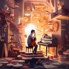 The musician played the beautiful concert , slice perspective, cartoon style.generate ai