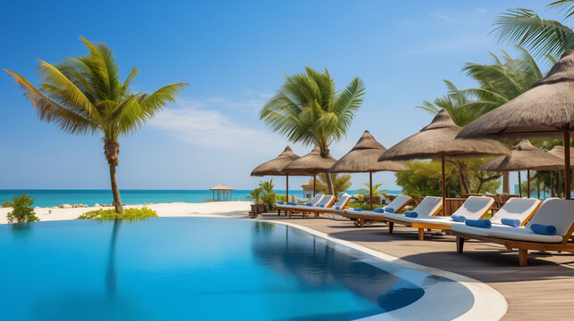 Tropical Swimming Pool in Maldives, Luxurious swimming pool and loungers umbrellas near beach and sea with palm trees