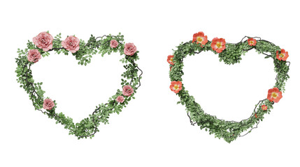 heart frame decorated with leaves and flowers on transparent background