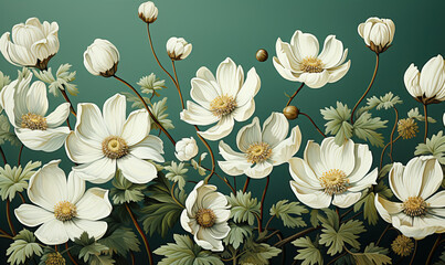 Drawn daisies on a green background, close-up.