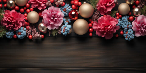 Colourful Christmas-themed baubles background with space for your text. AI. generated