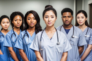 Portrait of a young nursing student standing with her team in hospital, dressed in scrubs
