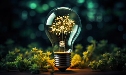 Green energy concept, light bulb with plants growing inside.