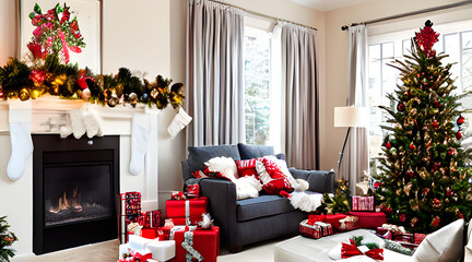 Christmas room with fireplace, socks and gifts - obrazy, fototapety, plakaty