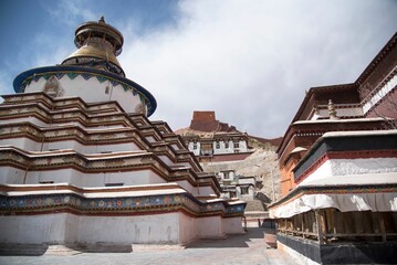 Ornate Bodhi pagoda stands in the courtyard of the Palcho Monastery in Tibet