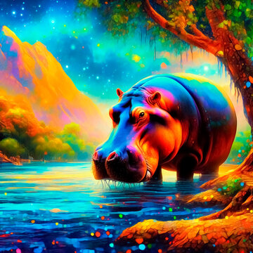 hippopotamus in a river in full color painting style
