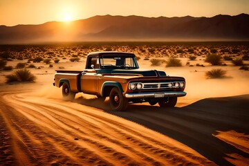 A vintage pickup truck parked on a dusty desert road - obrazy, fototapety, plakaty