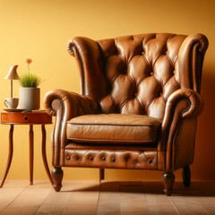 old leather armchair on yellow pastel background. ai generative