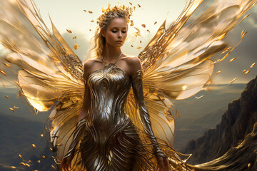 Fantasy beautiful young woman or fairy with golden wings - obrazy, fototapety, plakaty